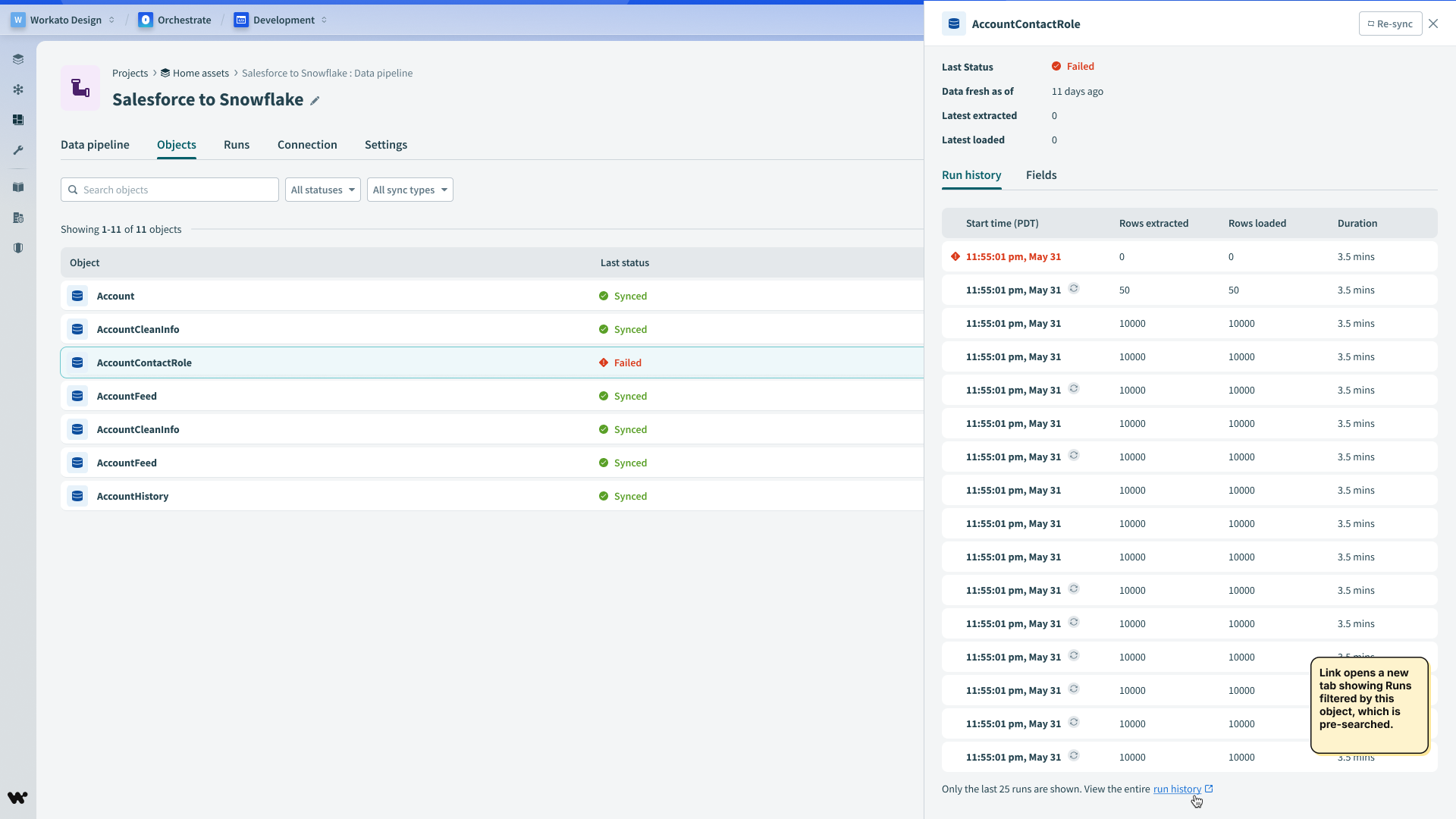 Object drawer with run history and fields