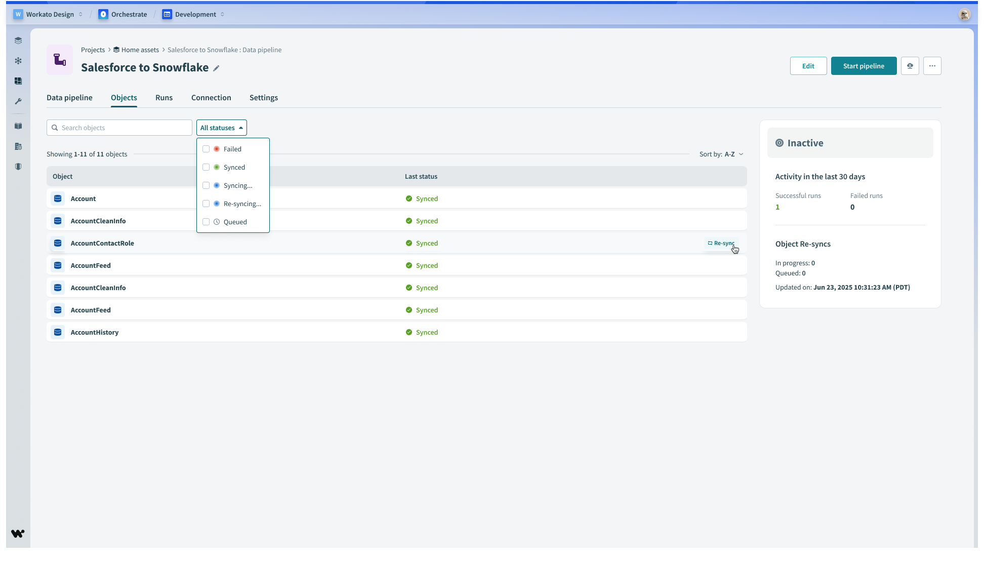 Objects list with status filter and per-row re-sync