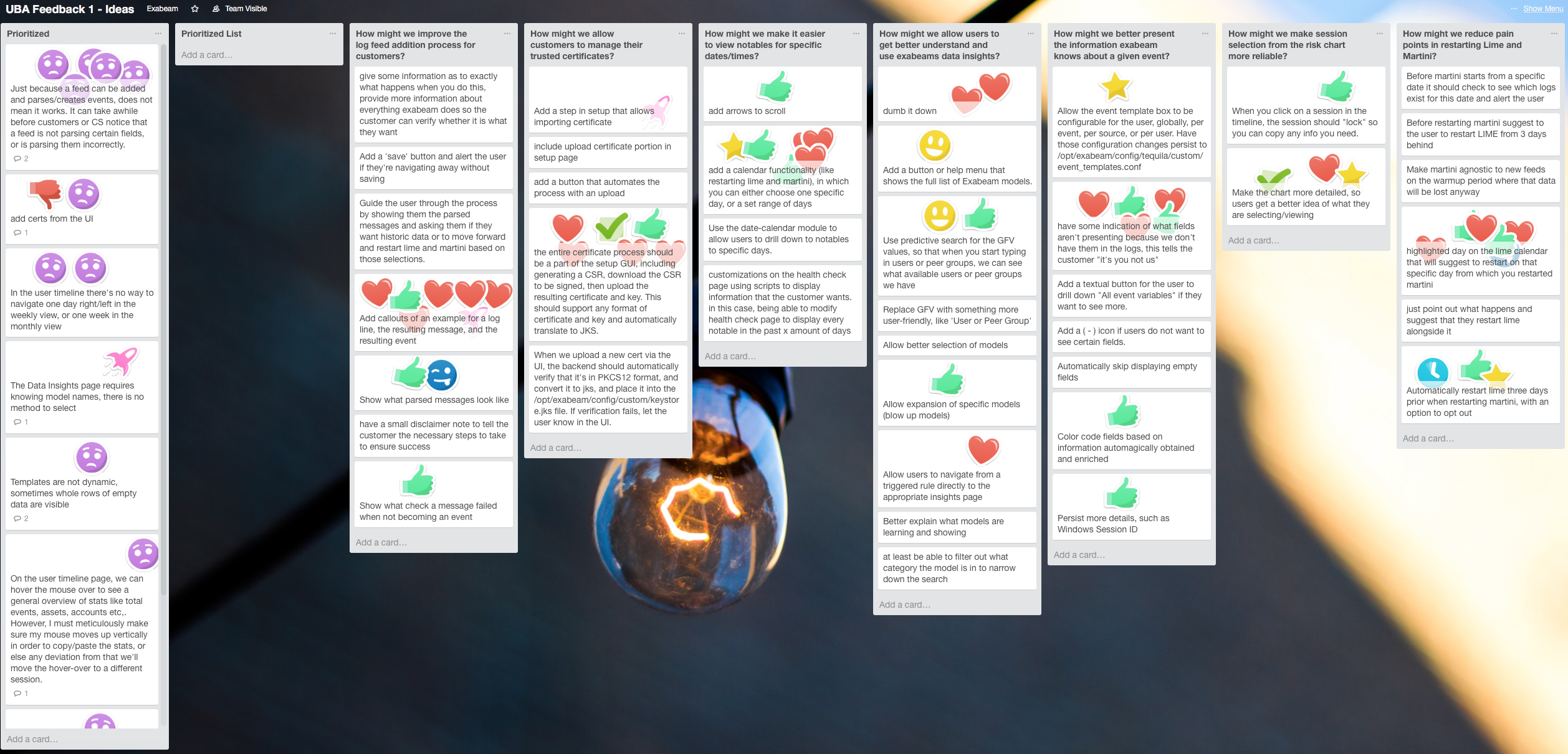 Affinity board — user feedback sorted into how-might-we columns