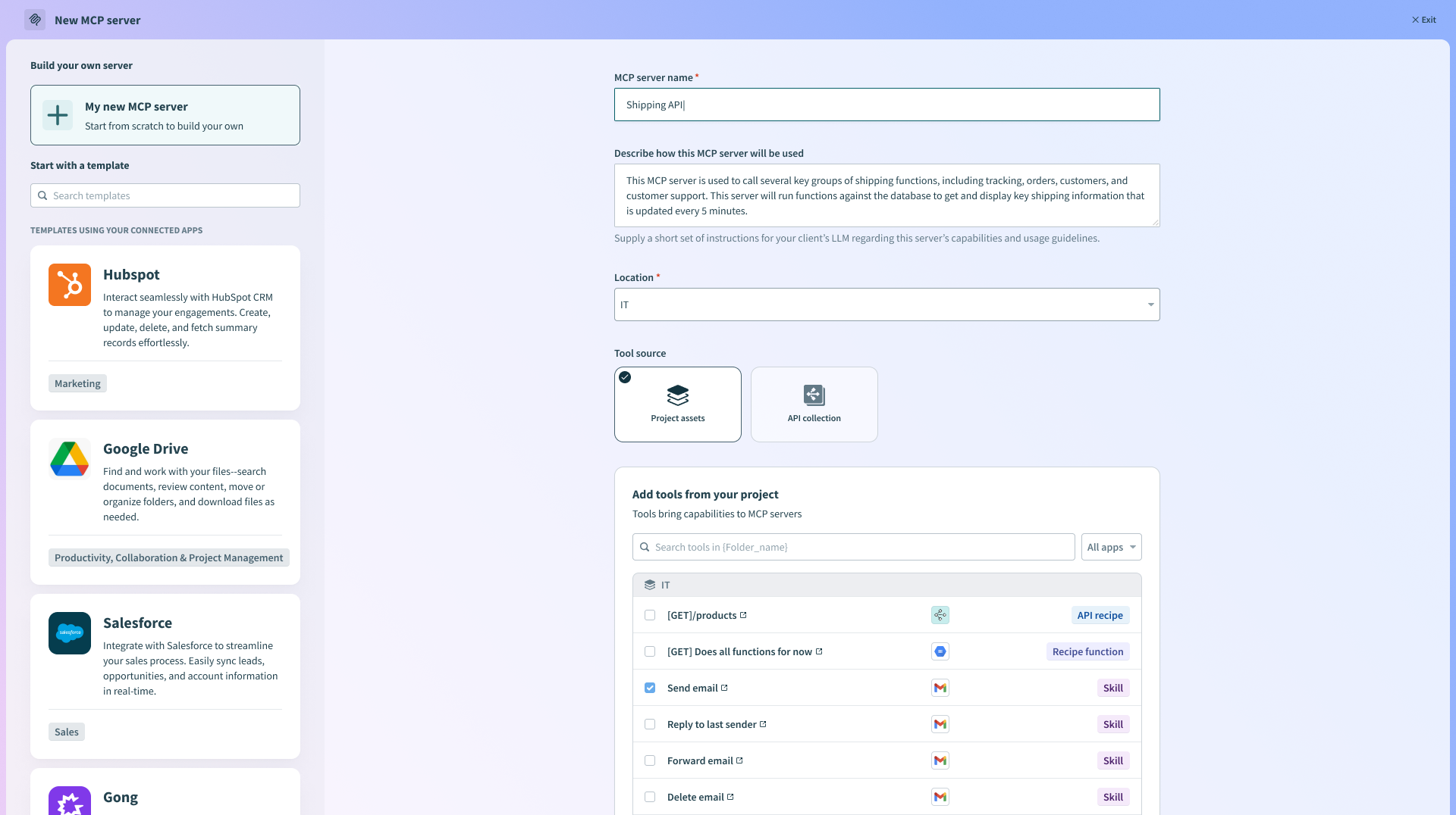 New MCP server creation page