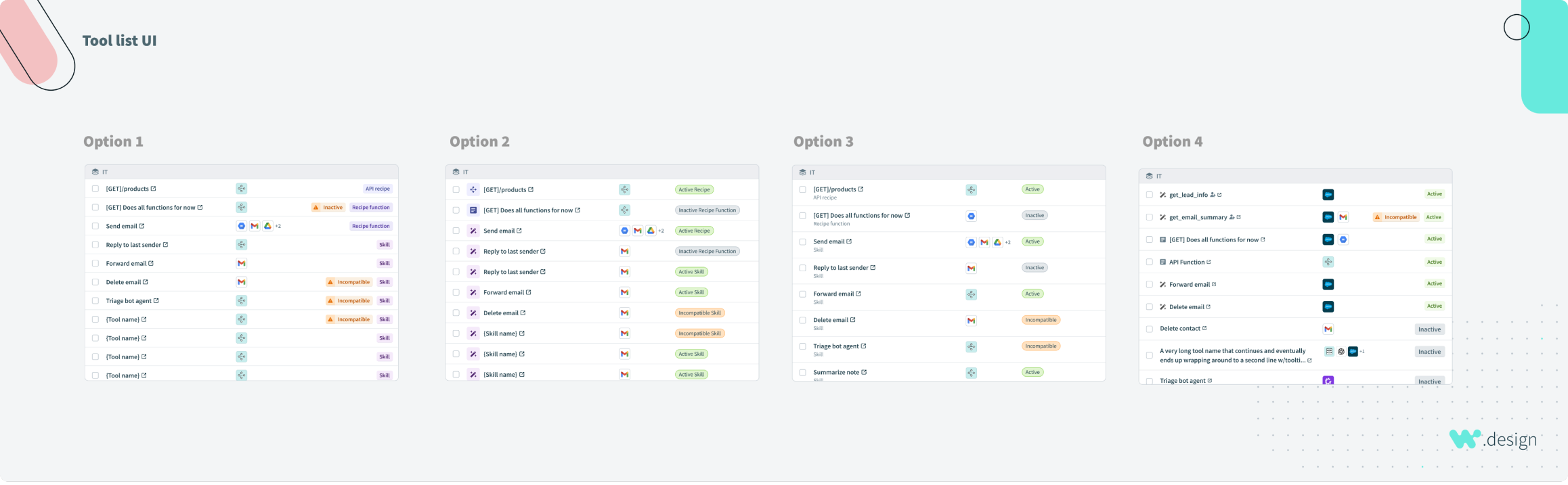 Tool list UI options