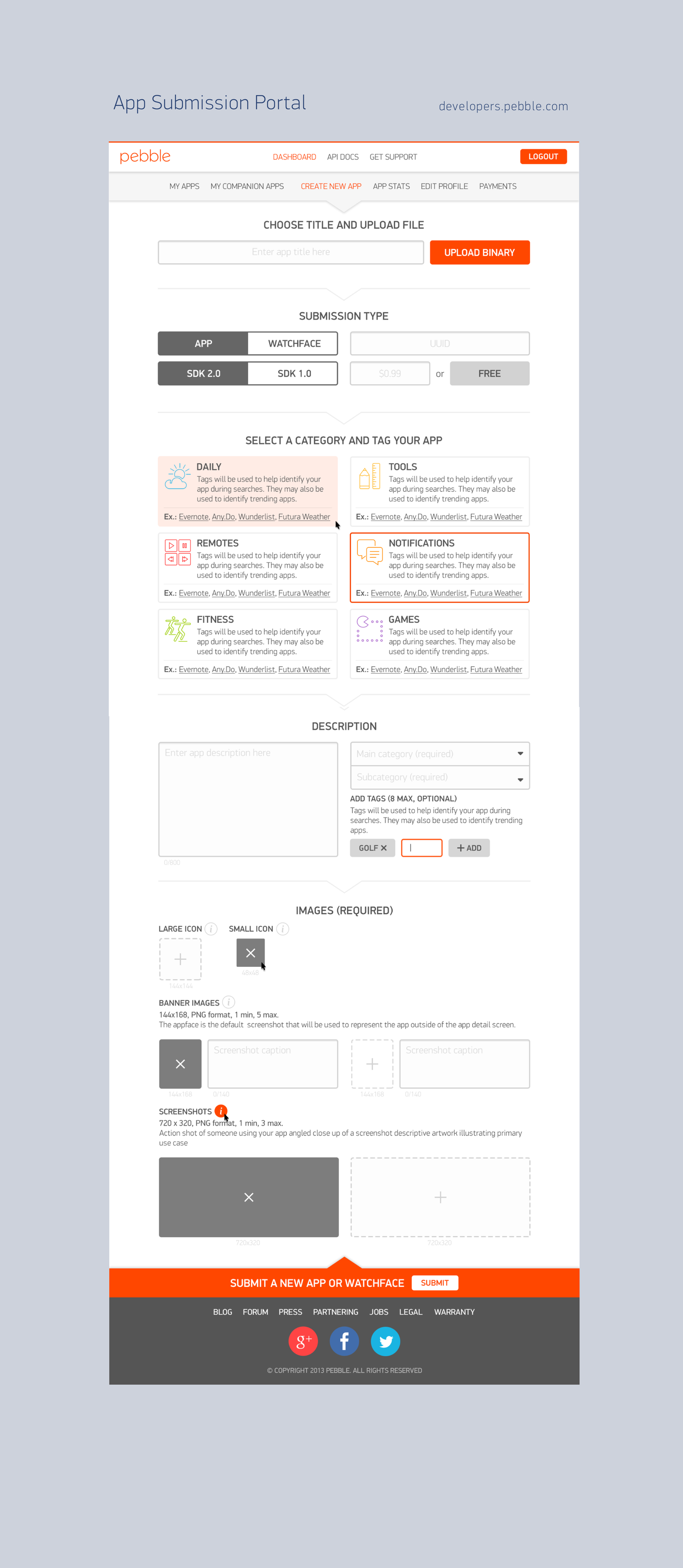 App submission portal — create new app